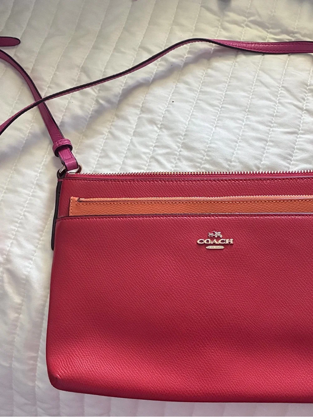 Coach Red and Orange Leather Crossbody with Pink strap.